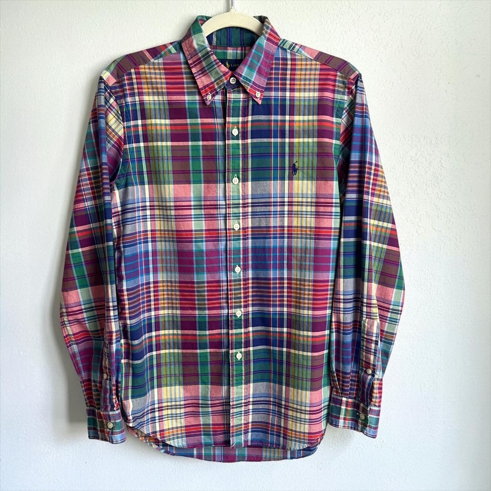 Ralph Lauren Button Up Shirt Women's Small Plaid Preppy 100% Cotton Classic Top